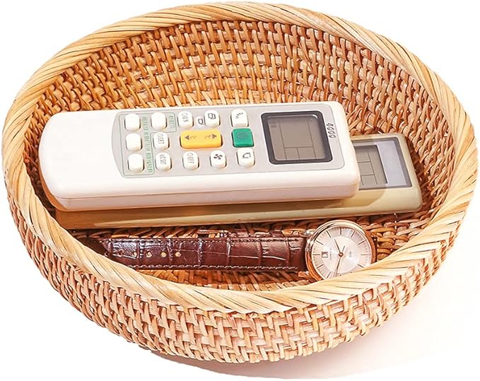 Small Round Keys Storage Basket for Entryway Table Tabletop Wicker Catchall Organizer Woven Basket for Wallet Remote Control Cards Crackers Fruit Candy