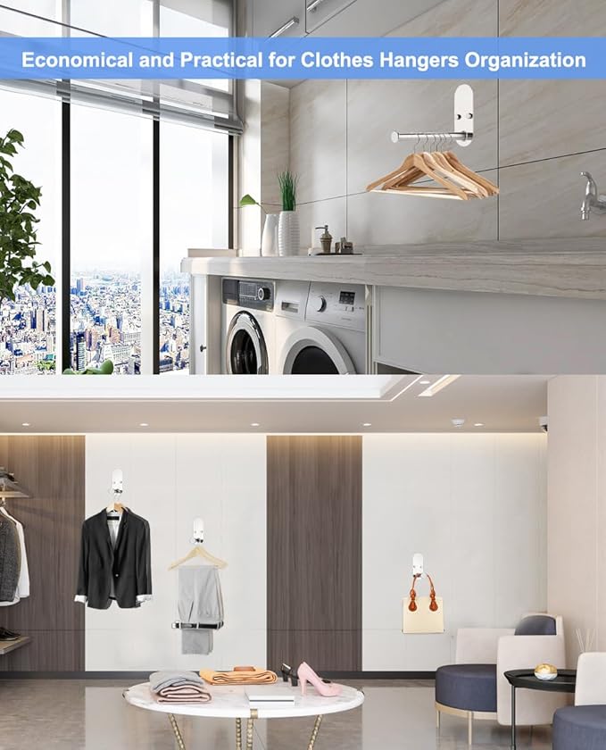 Stainless Steel Clothes Hanger Storage Rack,Wall Mounted Clothes Hanger Organizer, Clothes Bar-Hanger Holder Hooks, Laundry Room Coat Hanger,Space Saving Adhesive OR Drilling Installation