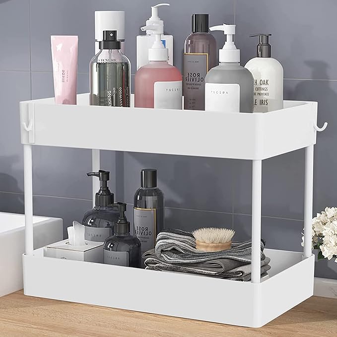 Under Sink Organizer, Under Bathroom Sink Storage 2 Tier Organizer Bath Collection Baskets with Hooks, Under Sink Shelf Organizer Rack, Multi-purpose Under Sink Storage for Bathroom Kitch(Color:White)