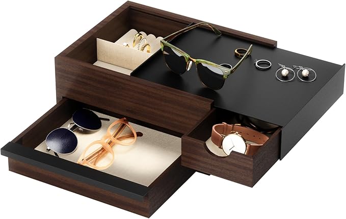 Umbra Stowit Jewelry Box - Modern Keepsake Storage Organizer with Hidden Compartment Drawers for Ring, Bracelet, Watch, Necklace, Earrings, and Accessories, Black/Walnut
