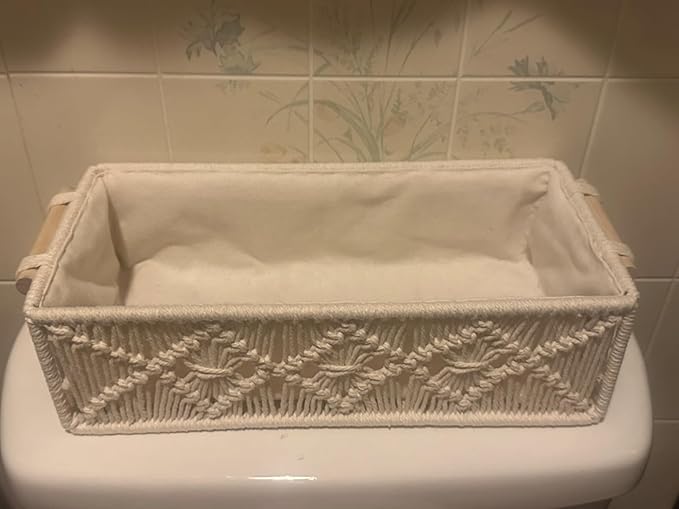 Macrame Storage Baskets Boho Decor Box for Organizing, Handmade Woven Decorative Basket for Countertop Toilet Tank Shelf Cabinet Organizer Bedroom Livingroom Home