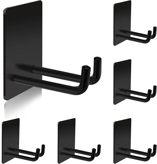Adhesive Hooks, Stick on Stainless Steel Towel Robe Razor Wall Hooks for Bathroom Kitchen, Sticky Heavy Duty Durable Shower Hangers for Hanging Hat Coat Key 6-Pack (Black)