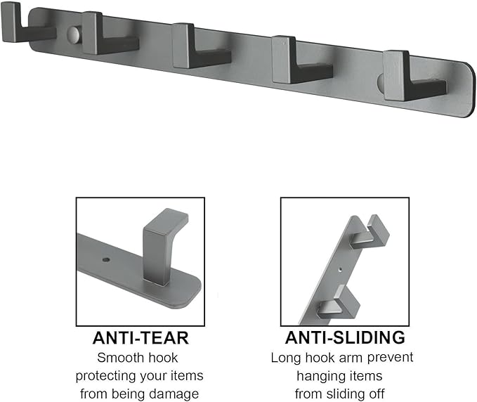 Coat Rack, Heavy Duty Stainless Steel 5 Tri Coat Hook Hanger, Wall Mounted Storage Wall Hooks, Rustic Clothes Hook/Key Hook Rail for Bathroom Kitchen Entryway(5 Hook Grey)