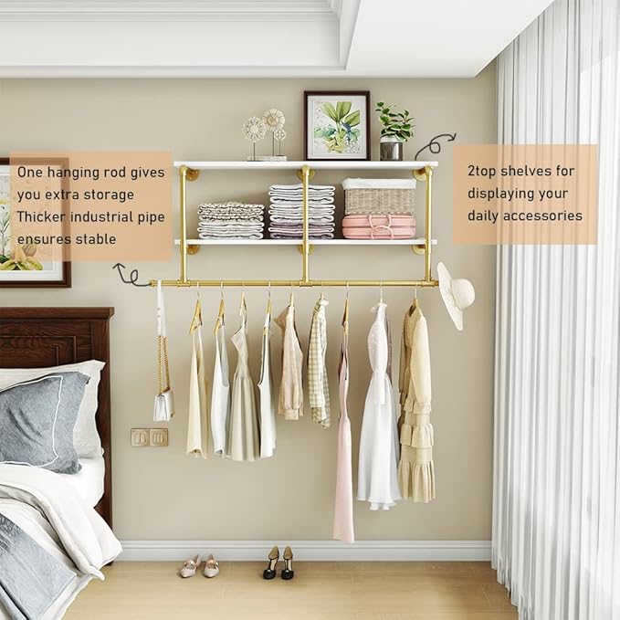 MAIKAILUN Industrial Pipe Clothes Rack Gold with Wood Shelf, 52" Long Wall Mounted Clothing Rack with Hanging Rod for Laundry Room, Heavy Duty Pipe Shelves, Closet Storage, Retail Boutique Display