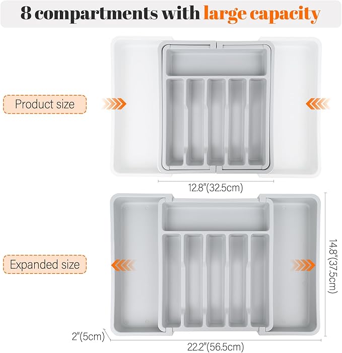 S&F Homes Expandable Cutlery drawer organizer, utensil drawer organizer, flatware and silverware holder, organization and storage tray for kitchen decor, BPA-Free. (Gray)