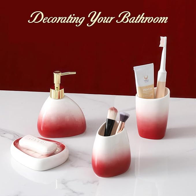 Bathroom Accessory Set, 4 Pcs White & Red Gradient Ceramic Bathroom Cabinet with Soap Dispenser Soap Dish Gargle Cup Toothbrush Holder, Fashion Bathroom Decor for Home Apartment Hotel (Red)