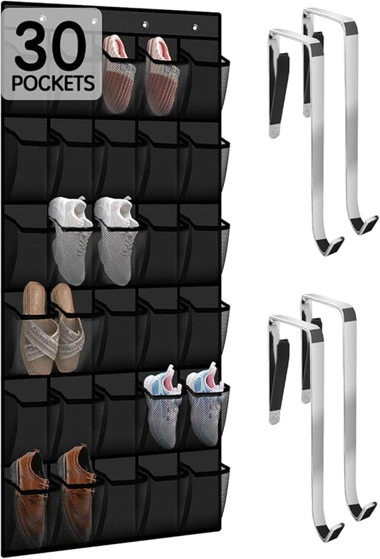 Over the Door Shoe Organizer with 30 Breathable Mesh Pockets - Large Capacity Closet Storage for Men & Women, Hanging Shoe Rack Organizer (Solid black)