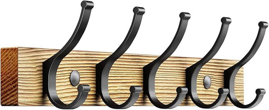 Coat Rack Wall Mount, 16.5 Inches Wood Coat Hooks Wall Mount, Wall Coat Rack with 5 Hooks, Hat Rack Wall Hooks for Hanging Coat, Bag, Towel (1Pack, Natural)