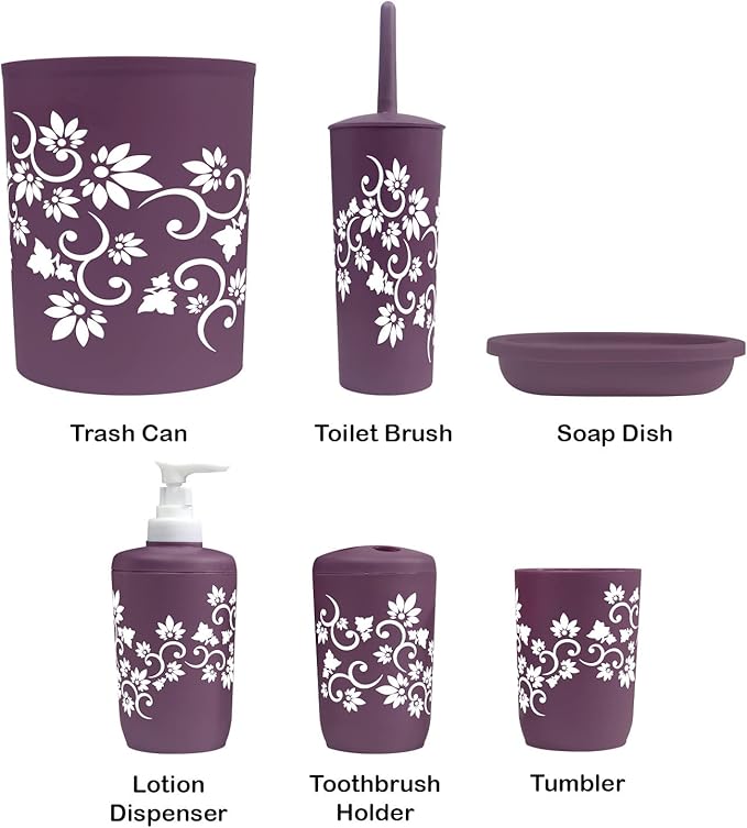 Blue Donuts Bathroom Accessories Set Complete, Toilet Brush and Holder, Trash Can, Toothbrush Holder, Purple, 6 Pieces