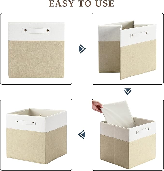 13 x 13 Inch Fine Linen Storage Bins with Handles，Fabric Cube Boxs，Basket Organizers for Shelves for Home, Closet Drawers (White/Khaki-4 Pack)