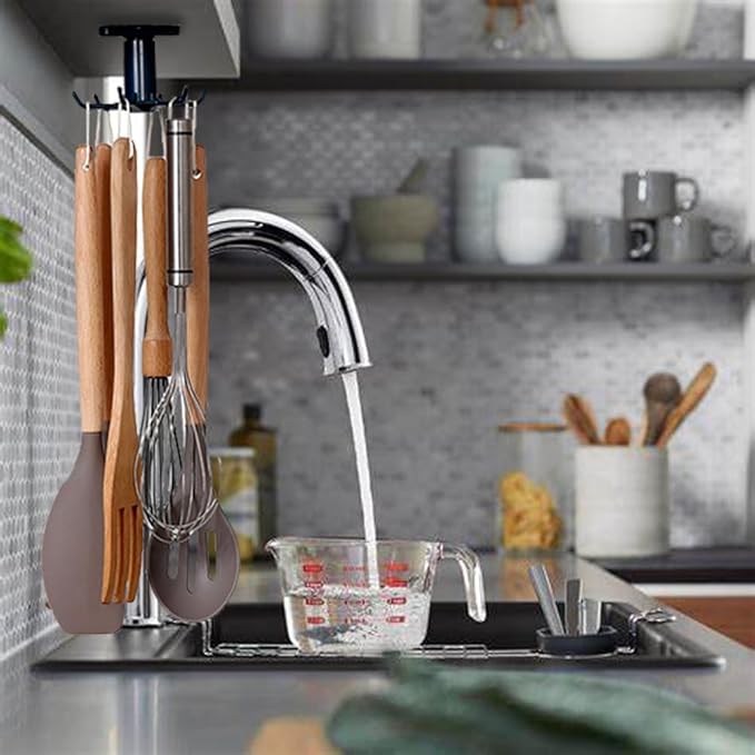 2Pcs 360 ° Rotating Kitchen Utility Hooks,Under Cabinet Kitchen Hooks for Utensils,Adhesive Kitchen Utensils Hanging Hooks for Kitchen Utensils/Tools/Towel/Knife(Black).