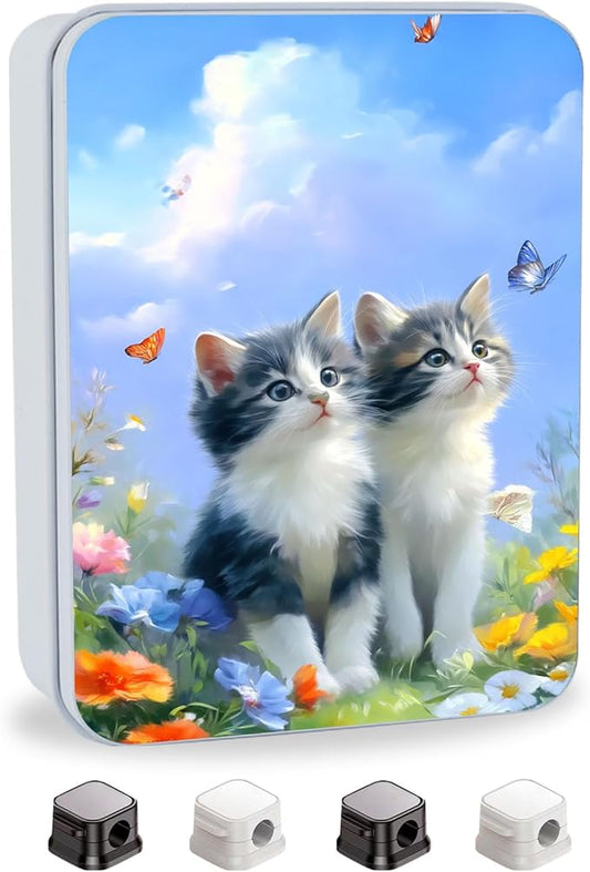 Metal Tin Box with Lid,Multi-functional Storage Box Can Store Tea Biscuits Game Cards, Playing & Tarot Cards-Comes with 4 Magnetic Cord Clips,Kittens with Butterflies