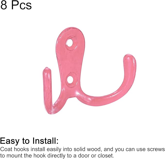 uxcell Wall Hooks, 8Pcs - Zinc Alloy Double Prong Retro Hook, Hooks for Hanging Towel Coat Backpack Clothes Scarf Keys Hat Cup (Pink)