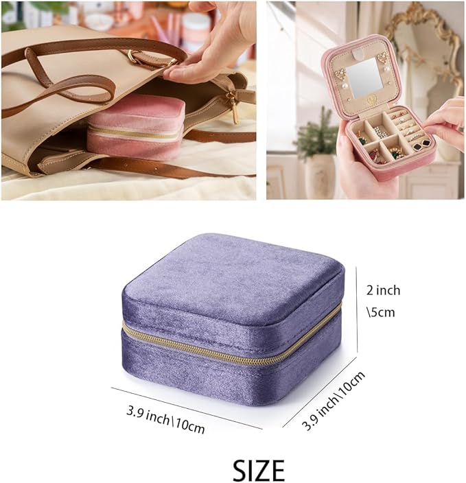 Plush Velvet Travel Jewelry Case, Travel Jewelry Organizer, Jewelry Travel Case,Travel Jewelry Box,Small Jewelry Case,Jewelry Travel Box, Earring Organizer with Mirror - Periwinkle 4packs