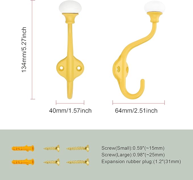 TUNNY Coat Hooks - 5 Pack Yellow Towel Hooks Robe Hooks Decorative Wall Hooks for Bathroom Bedroom Kitchen Towel Robe Clothes Cabinet Closet Bathroom Hardware