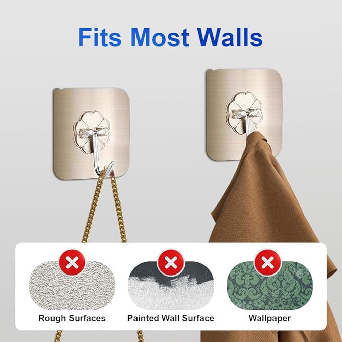 Koja 5 Pack Heavy-Duty Self-Adhesive Hooks - Transparent, Waterproof, Stick-on Wall Hooks for Keys, Bathroom, Shower, Outdoor, Kitchen, Door, Home Improvement, Utility Room - Brushed Gold