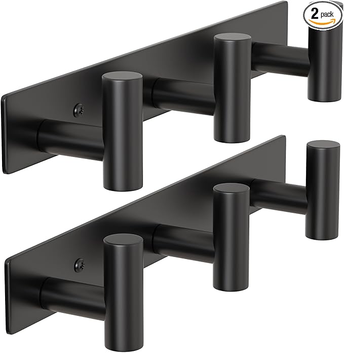 HUFEEOH 2 Pack Coat Hooks Wall Mount, Black T Shaped 3 Hooks Wall Hooks Stainless Steel Coat Hanger Wall Mount, Heavy Duty Towel Hooks Purse Rack for Hanging