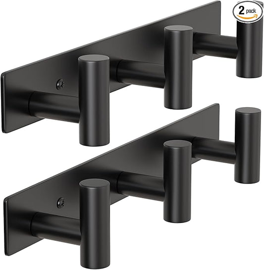 HUFEEOH 2 Pack Coat Hooks Wall Mount, Black T Shaped 3 Hooks Wall Hooks Stainless Steel Coat Hanger Wall Mount, Heavy Duty Towel Hooks Purse Rack for Hanging