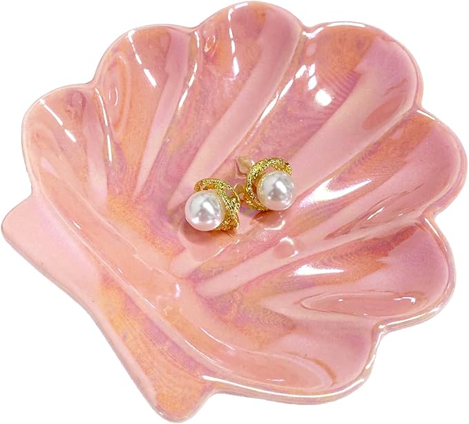 Sea Shell Jewelry Dish, Ceramic Seashell Jewelry Holder, Cute Organizer Plate Vanity Decorations Accessories for Home Bathroom Decor Birthday Mother's Day Christmas Gift for Women