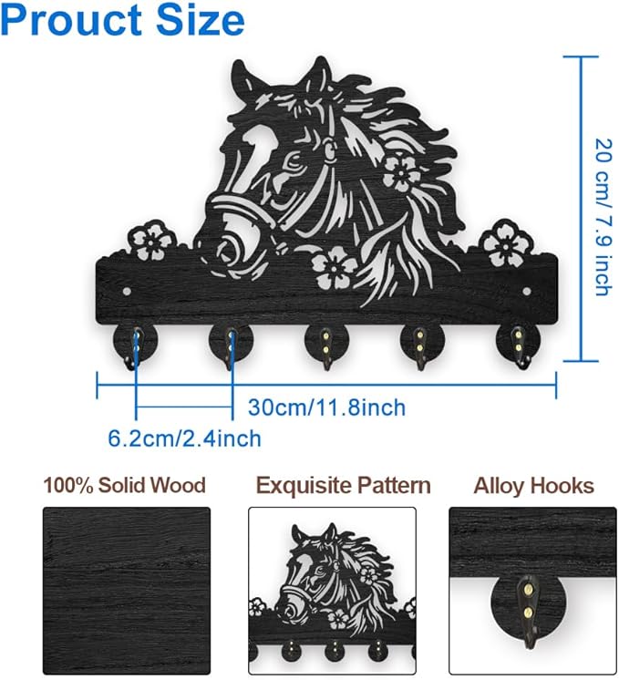 MAYJOYDIY Horse Flower Wood Key Holder for Wall 11.8x7.8inch Farm Animal Key Hooks Hat Organizer Rack with 5 Alloy Hooks for Entryway Front Door Kitchen Office Decor