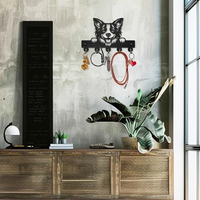 MAYJOYDIY Border Collie Key Holder for Wall Decorative Dog Leash Hanger Peeking Dog Wood Key Hooks 11.8×7.9inch with 5 Alloy Hooks for Entryway Front Door Kitchen Office Decoration