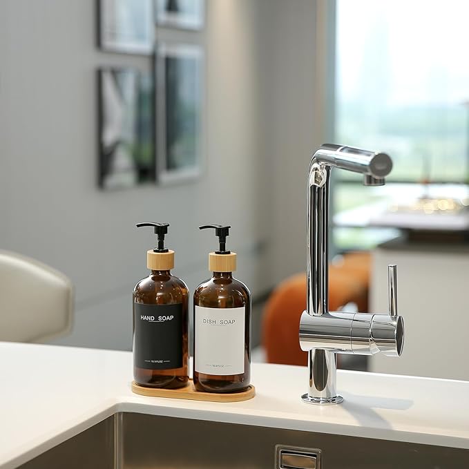 Amber Glass Soap Dispenser with Bamboo Pumps&Tray&Labels, Hand Dispenser, Lotion Dispenser, Dish Soap Dispenser for Kitchen Sink. (Amber)