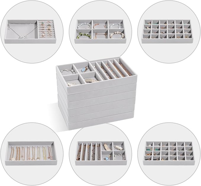 ProCase Stackable Jewelry Organizer Trays for Drawers, Jewelry Drawer Inserts Container Display Case Storage for Earring Necklace Rings Bracelet with Removable Dividers -Grey, 6 Layers