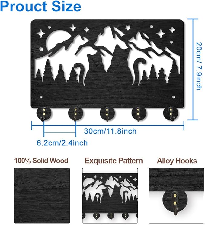 MAYJOYDIY Wood Cat Love Mountain Coat Rack Forest Cat Family Moon Starry Sky Key Hooks for Wall 11.8×7.9inch Black Animal Key Holder Hanger Art Decor 5 Alloy Hooks for Gift Hallway Entryway Kitchen