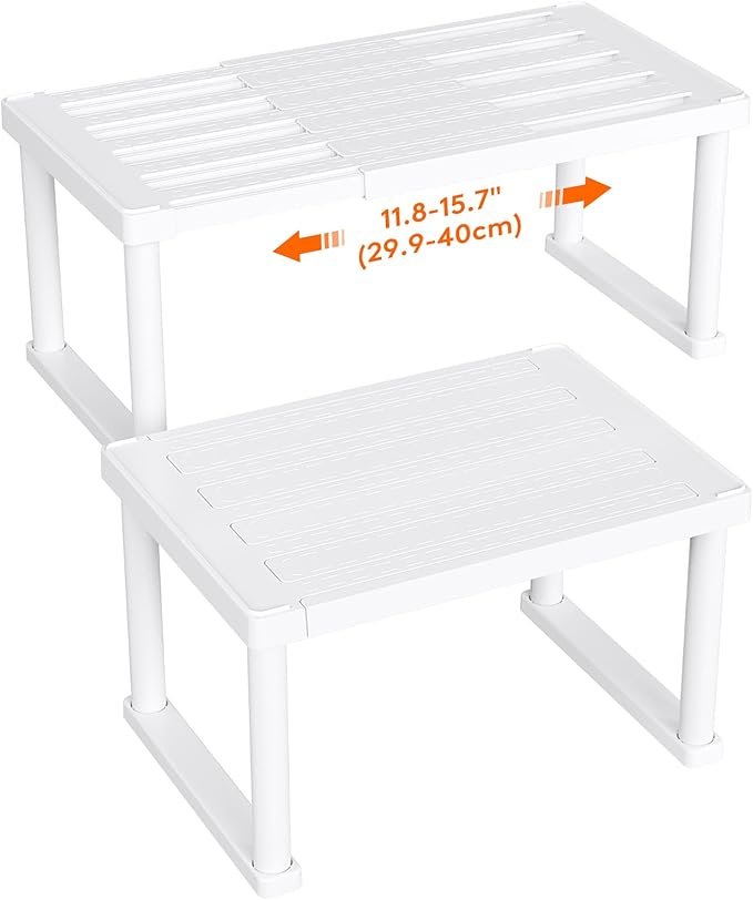 Lifewit Cabinet Shelf Organiser, Expandable Countertop Kitchen Shelves, Plastic Shelf Riser for Pantry Kitchen Storage and Spice Rack, Set of 2, 40 x 21 x 18cm/16 x 8 x 7 inch, White