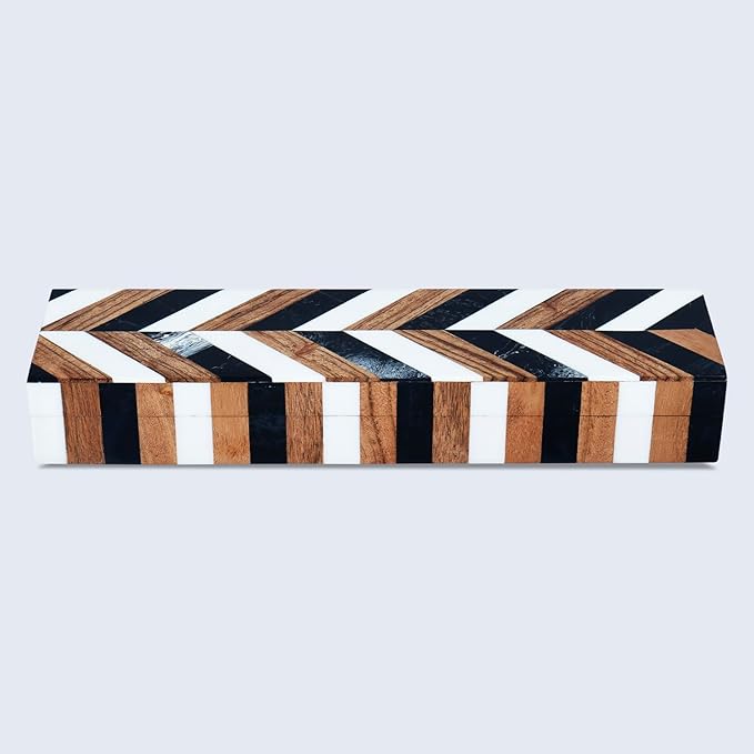 Handicrafts Home Slim Decorative Storage Box with Lid Wooden Entryway Organizer Key Holder Box for Hallway Console Table â Natural Wood Resin Inlay Marquet Cosmo Collection- 10x2.5x1.5