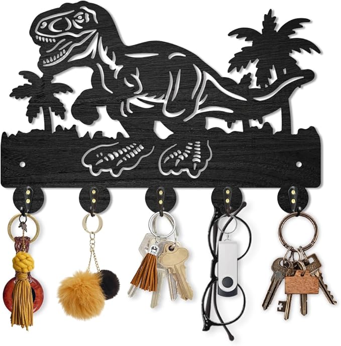 MAYJOYDIY Wood Dinosaur Coconut Tree Coat Rack Ancient Animal Key Holder for Wall 11.8×7.9inch Decorative Tropical Palm Tree Key Hooks 5 Alloy Hooks for Gift, Entryway, Front Door, Hallway, Office