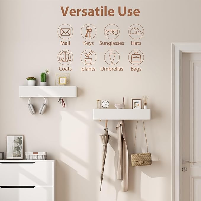 Solid Wood Wall Mounted Coat Rack with Shelf Hooks - Modern Floating Shelves with 5 Hidden Hooks, Heavy Duty Entryway Coat Key Holder Hanger for Hallway Bathroom Bedroom Home Decor