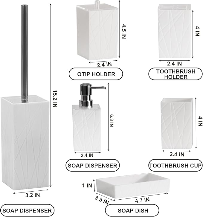 Bathroom Accessory-6Pcs White Bathroom Accessories Set Includes Soap Dispenser, Toothbrush Holder and Cup, Soap Dish, Toilet Brush and Holder, Qtip Holder