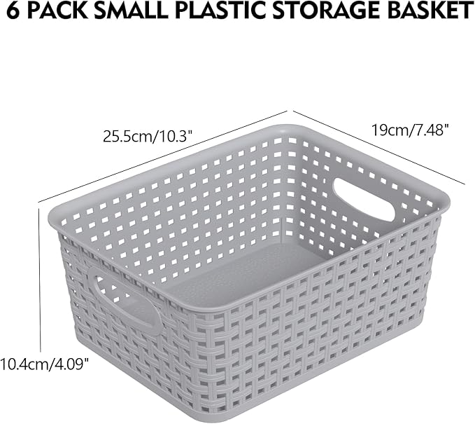 6-Pack Plastic Storage Baskets, Woven Plastic Open Storage Bin, Grey Basket for Organizing, 10.3" x 7.48" x 4.09"