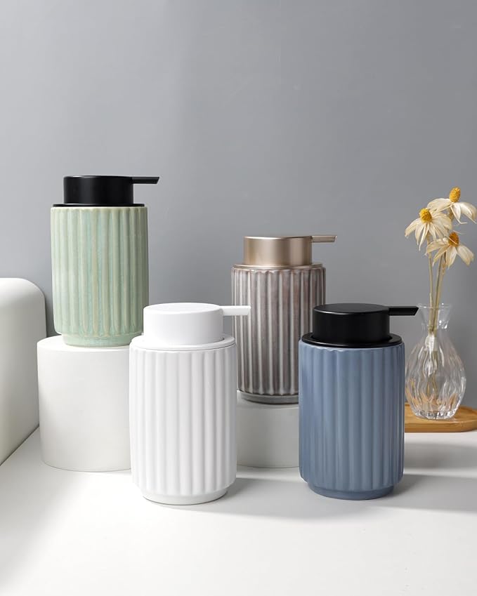 Foaming Soap Dispenser, Ceramic Foam Hand Soap Dispenser with Stripe Design for Kitchen or Bathroom, Refillable Dish Lotion Dispenser, Gray Blue, ANTIS'S HOME