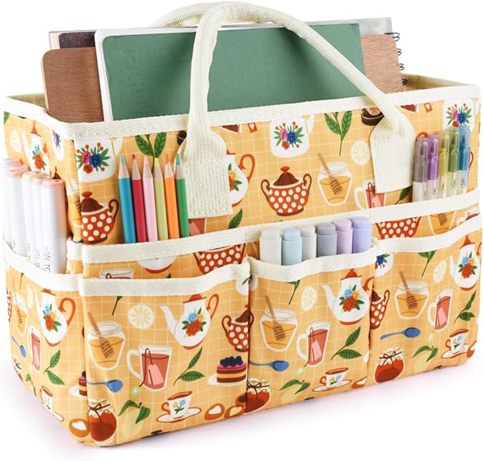 E-WEICHEN Craft Organizer Tote Bag Art Storage Caddy with Multiple Pockets Containers for Art,Craft,and Office Supplies Storage.Yellow Teapot