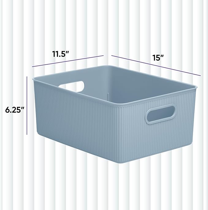 Superio Ribbed Collection - Decorative Plastic Basket Open Home Storage Bins Organizer, Large Blue (1 Pack) Container Boxes for Organizing Closet Storage Bins for Shelves 15 Liter/16 Quart