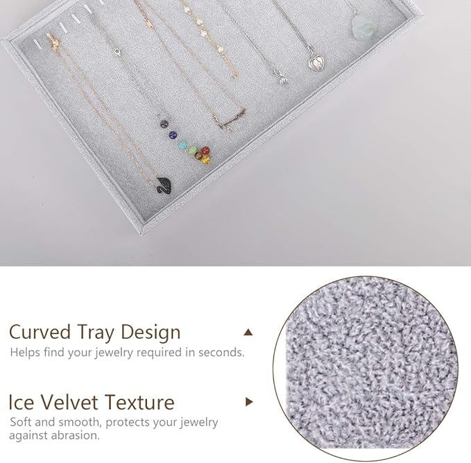 Emibele Jewelry Organizer, 20 Hooks Necklace Organizer Velvet Stackable Necklace Jewelry Showcase Display Tray for Necklace Pendant Bracelet - Grey