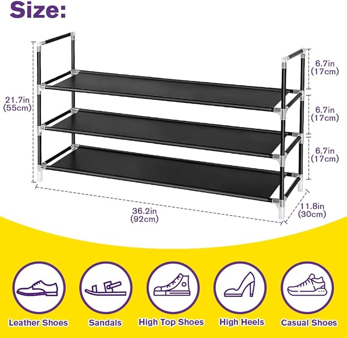 Shoe Rack - 3-Tier Non-Woven Stackable Shoe Shelves for Entryway, Closet, Bathroom 30cm(D) x 92cm(W) x 55cm(H) -Black (3-Tier Non-Woven)