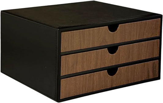 UnionBasic Document Organizer, 3-Drawer File Cabinet Document Storage Box, Office Desktop Filing Organizer, Black with Wood Grain Drawers