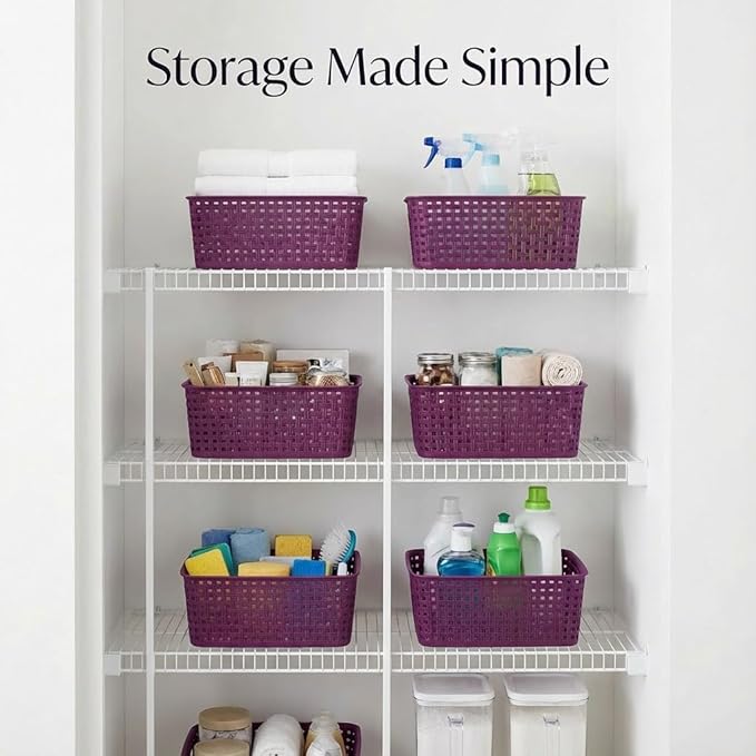 Dark Purple Organizing Baskets, Stackable Pantry Organizers and Basket Set of 12, Plastic Storage Baskets for Shelves, Classrooms, Kitchens, Laundry Room, Bathrooms and Bedrooms