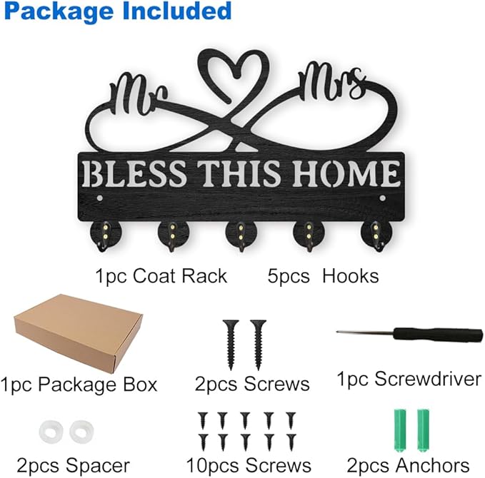 MAYJOYDIY Mr Mrs Coat Rack Wall Mount 11.8×7.3inch Wood Family Key Holder for Wall Bless This Home Love Heart Key Hanger 5 Alloy Hooks Wall Key Hooks Rack Art Decor Gift for Living Room Door Hallway