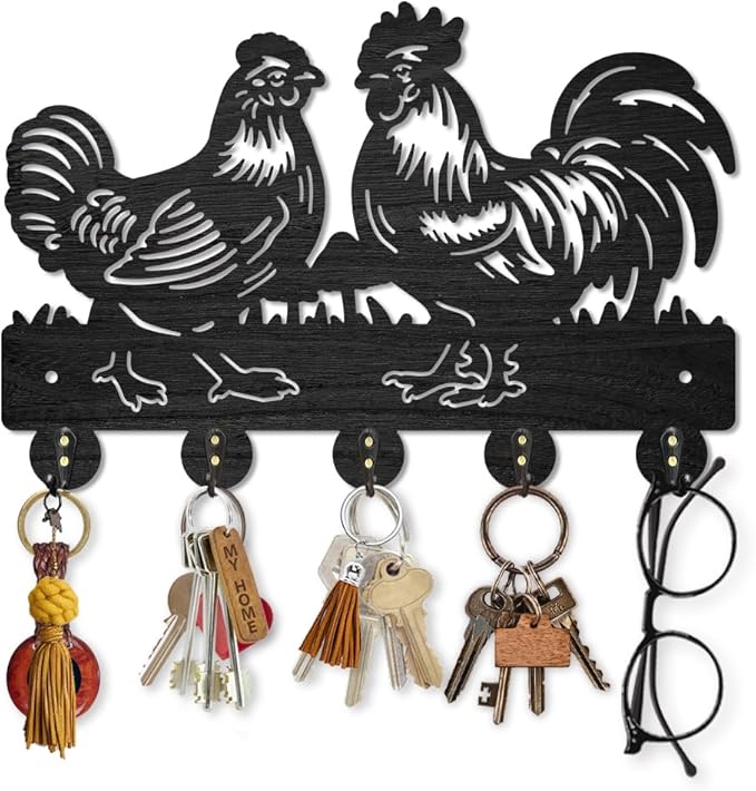 MAYJOYDIY Rooster Hen Coat Hooks Wall Mount Wood Farmhouse Animal Mushroom Key Holder for Wall 11.8×7.9inch Decorative Key Rack 5 Alloy Hooks for Gift Hallway Entryway Kitchen Farm Decor