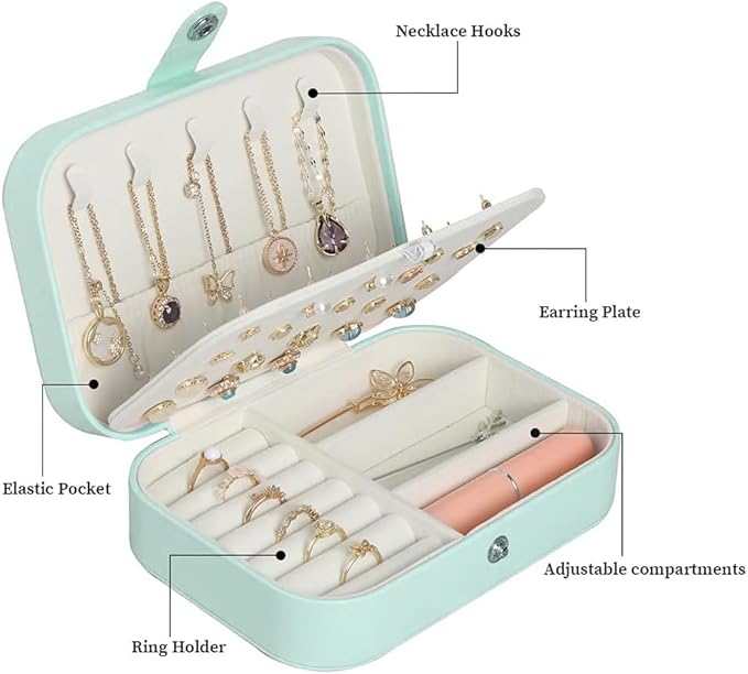 Travel Jewelry Box, Small Jewelry Organizer Boxes for Women Girls, 2 Layer Travel Jewlery Case, PU Leather Mini Portable Jewerly Storage Display Holder for Earrings, Ring, Necklaces, Bracelets - Green