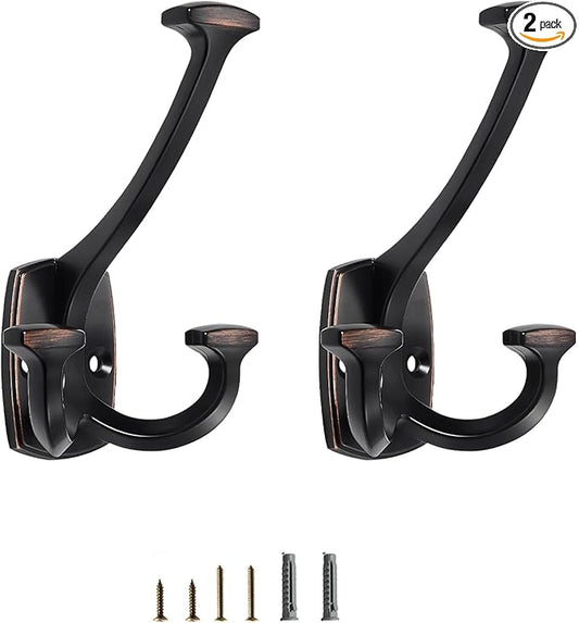 Oil Rubbed Bronze Hooks Large Wall Mounted Decorative Solid Heavy-Duty Double-Sided Coat Hooks for Hanging Towels Coats Robes Towels Bag Bathroom Wall Hooks (2 Pack)