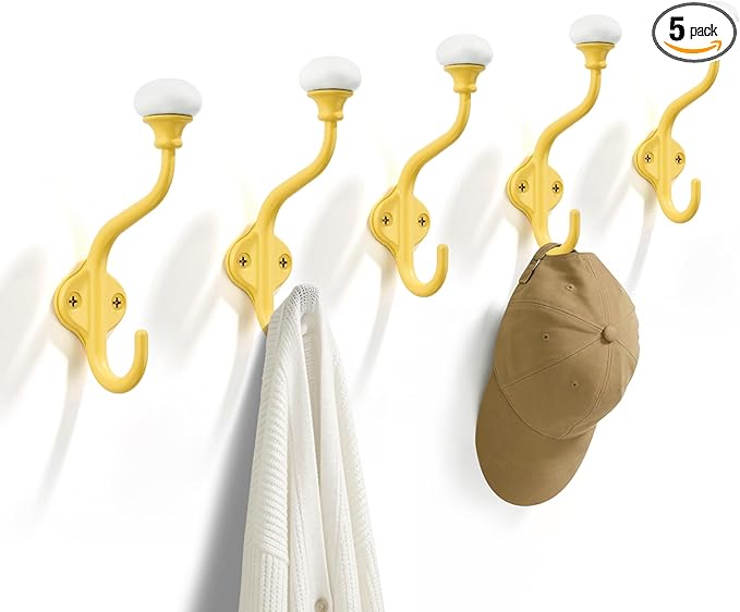 TUNNY Coat Hooks - 5 Pack Yellow Towel Hooks Robe Hooks Decorative Wall Hooks for Bathroom Bedroom Kitchen Towel Robe Clothes Cabinet Closet Bathroom Hardware