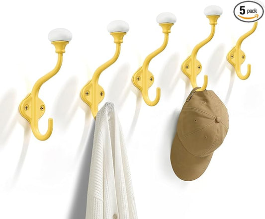 TUNNY Coat Hooks - 5 Pack Yellow Towel Hooks Robe Hooks Decorative Wall Hooks for Bathroom Bedroom Kitchen Towel Robe Clothes Cabinet Closet Bathroom Hardware