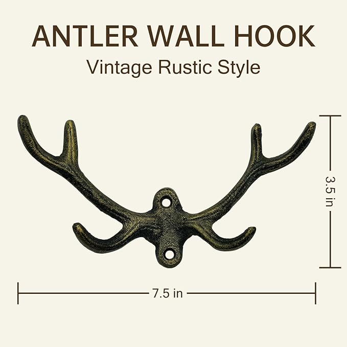 Cast Iron Antler Wall Hooks 2 Pack – Rustic Deer Antlers Coat Hooks, Heavy-Duty Wall Hooks for Keys, Hats & Towels, Farmhouse Décor, Bronze Finish