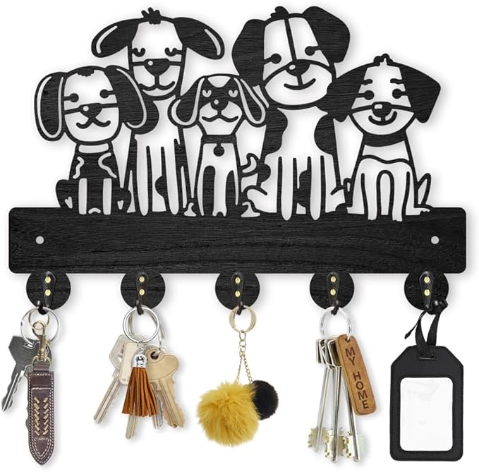 MAYJOYDIY Dog Coat Hook Wall Mount 11.8x7.9in Wood Cute Pet Animal Puppy Wall Art Decor 5 Alloy Hooks Black Hook Rack Hat Dog Leash Holder for Entryway Living Room Gift