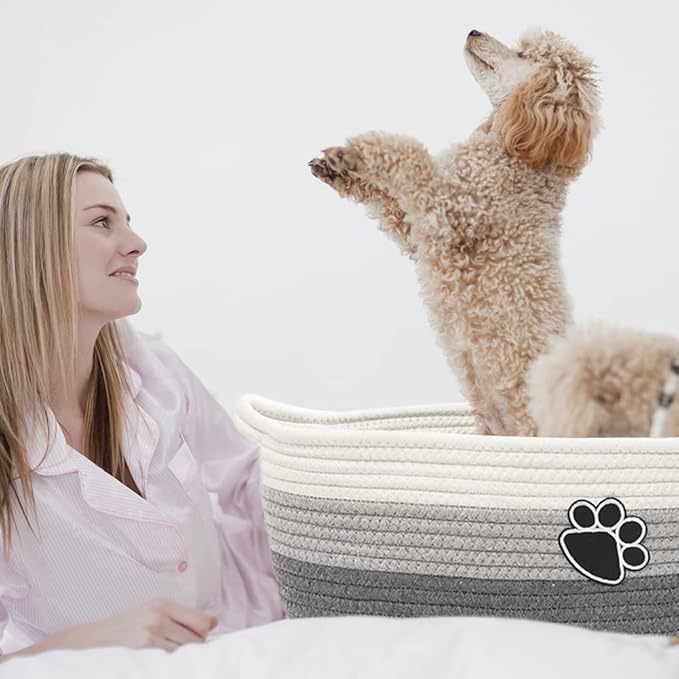 Small Woven Baskets for Organizing Rope Storage Basket with Handle Cute Cotton Basket for Nursery Gift Dog Toy Storage Bins for Toy Organizer Grey-white